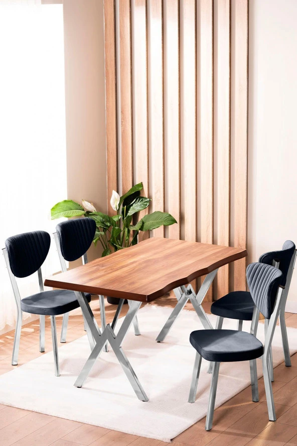 VIANEM Kütük Desenli MDF Krom Elma Mutfak Masa Takımı 4 Sandalyeli Salon Yemek Masa Takımı
