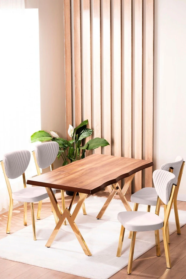 VIANEM Kütük Desenli MDF Gold Elma Mutfak Masa Takımı 4 Sandalyeli Salon Yemek Masa Takımı
