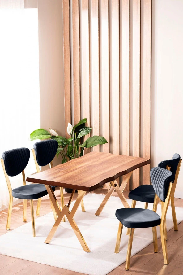 VIANEM Kütük Desenli MDF Gold Elma Mutfak Masa Takımı 4 Sandalyeli Salon Yemek Masa Takımı