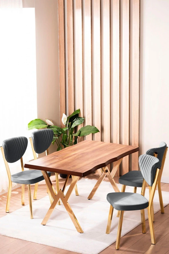 VIANEM Kütük Desenli MDF Gold Elma Mutfak Masa Takımı 4 Sandalyeli Salon Yemek Masa Takımı