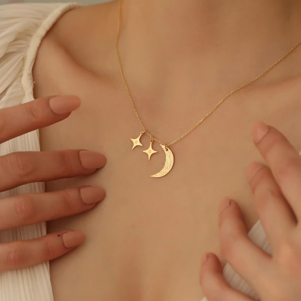 14 Ayara Mikron Kaplama Kişiye Özel Harf Detaylı Ay Yıldız Gümüş Kolye - CN00233 - Resim 5