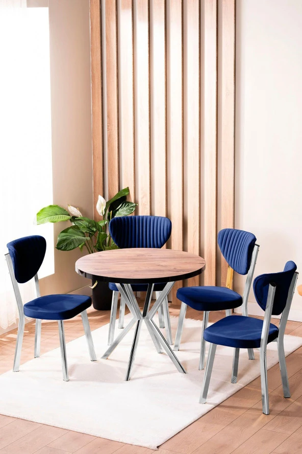 VIANEM Elma Yuvarlak Krom Ceviz Mutfak Masa Takımı 4 Sandalyeli Salon Yemek Masa Takımı