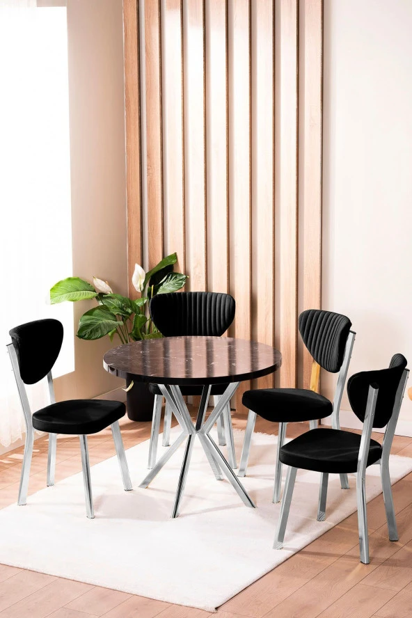 VIANEM Elma Yuvarlak Krom Siyah Mermer Mutfak Masa Takımı 4 Sandalyeli Salon Yemek Masa Takımı ürün görseli 1