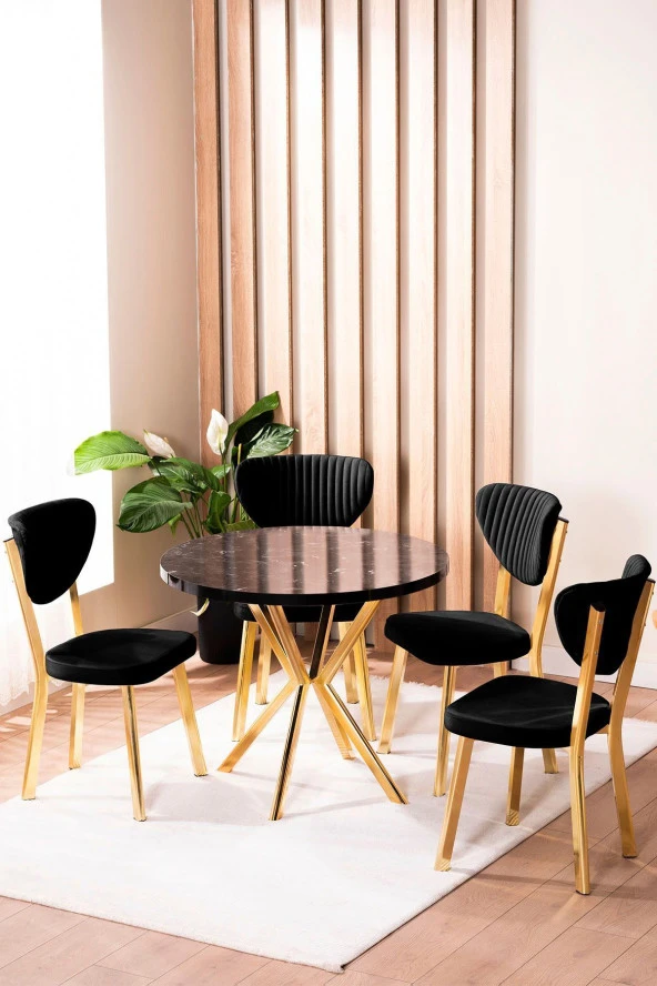 VIANEM Elma Yuvarlak Gold Siyah Mermer Mutfak Masa Takımı 4 Sandalyeli Salon Yemek Masa Takımı