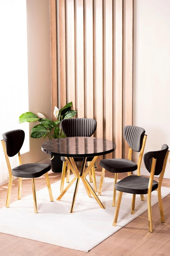 VIANEM Elma Yuvarlak Gold Siyah Mermer Mutfak Masa Takımı 4 Sandalyeli Salon Yemek Masa Takımı ürün görseli 1