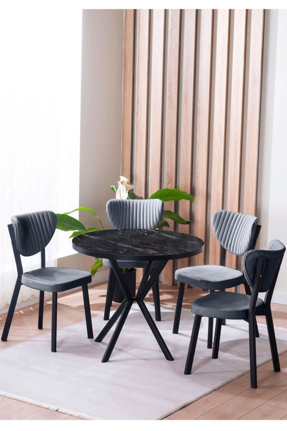 VIANEM Elma Yuvarlak Siyah Mutfak Masa Takımı 4 Sandalyeli Salon Yemek Masa Takımı
