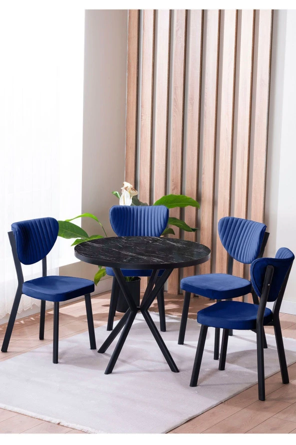 VIANEM Elma Yuvarlak Siyah Mutfak Masa Takımı 4 Sandalyeli Salon Yemek Masa Takımı ürün görseli 1