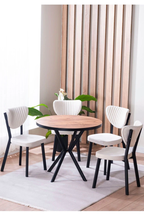 VIANEM Elma Yuvarlak Ceviz Mutfak Masa Takımı 4 Sandalyeli Salon Yemek Masa Takımı