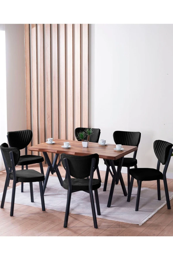 VIANEM Kütük Desenli MDF Elma Mutfak Masa Takımı 6 Sandalyeli Salon Yemek Masa Takımı