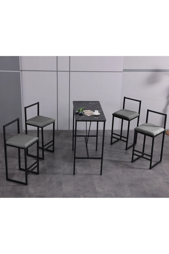 VIANEM 4 Adet Bar Sandalyesi Bar Masası Takımı - Siyah Mermer Desen Masa ürün görseli 1