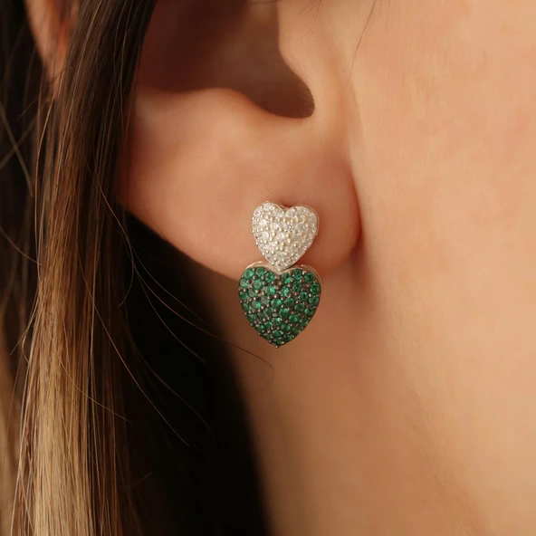 925 Ayar Gümüş Yeşil & Beyaz Taşlı Kalpli Çivi Küpe - ES00123 ürün görseli 1