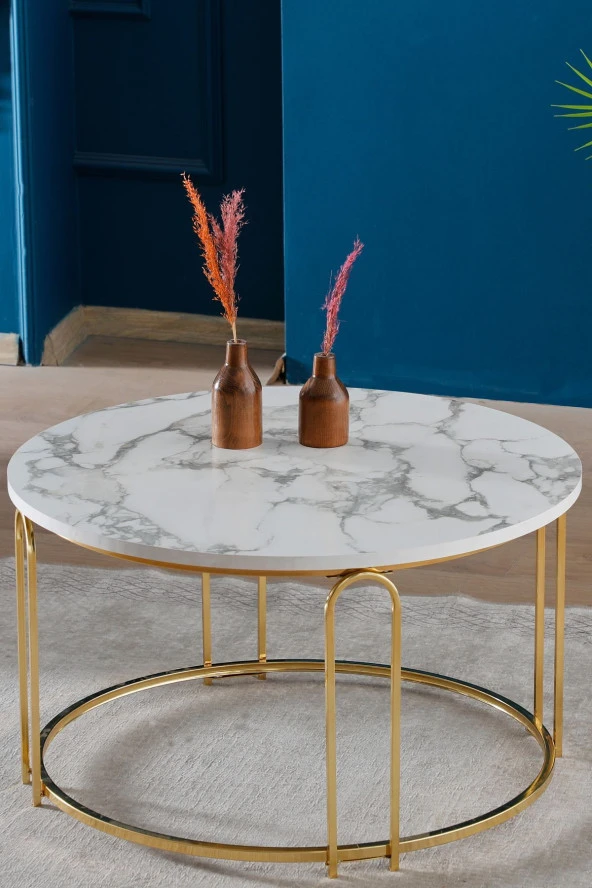 VIANEM Lenka Orta Sehpa Yuvarlak Gold Metal - Beyaz Mermer Desenli - 2