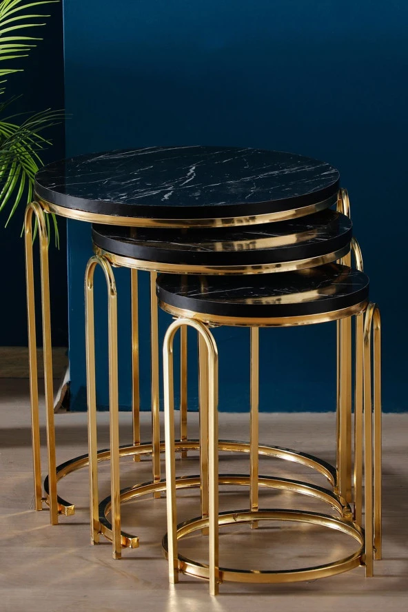 VIANEM Lenka Zigon Orta Sehpa Takımı Yuvarlak Gold Metal 3+1 - Siyah Mermer Desenli - 2