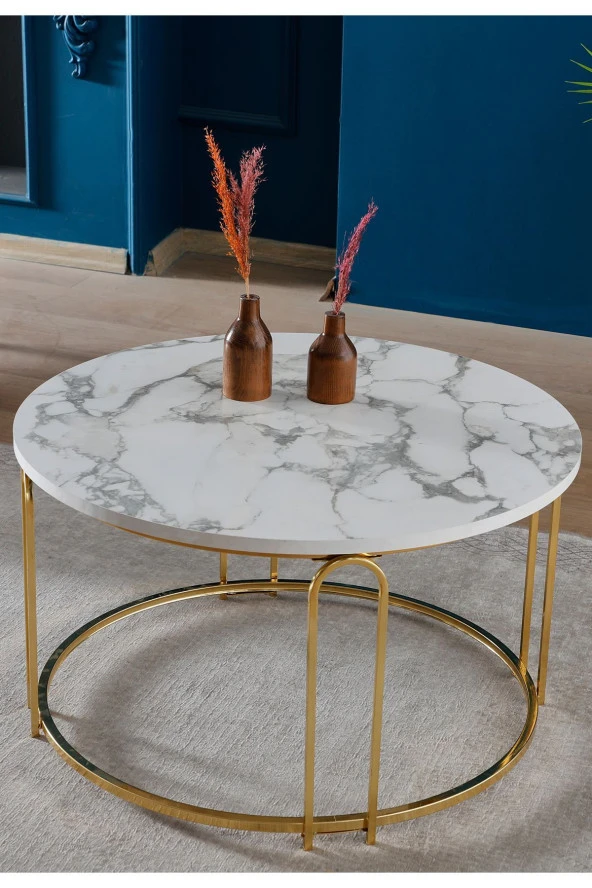 VIANEM Lenka Orta Sehpa Yuvarlak Gold Metal - Beyaz Mermer Desenli - 3