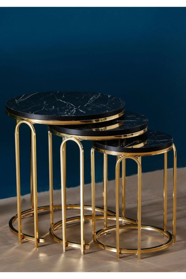 VIANEM Lenka Zigon Sehpa Takımı Yuvarlak 3'lü Gold Metal - Siyah Mermer Desenli - 2