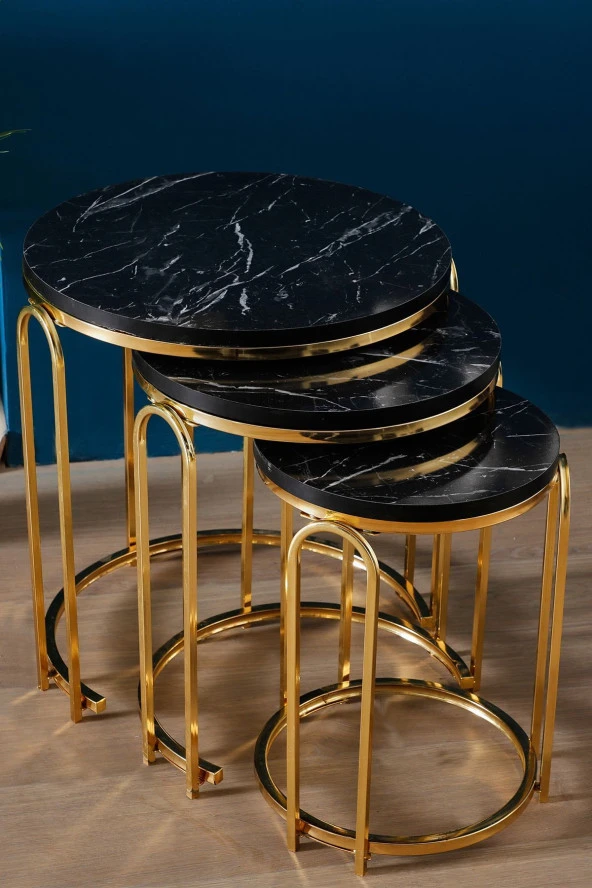 VIANEM Lenka Zigon Sehpa Takımı Yuvarlak 3'lü Gold Metal - Siyah Mermer Desenli - 3