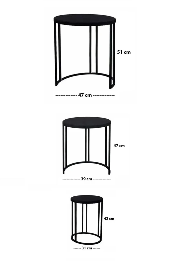 VIANEM Lenka Zigon Orta Sehpa Takımı Yuvarlak Gold Metal 3+1 - Siyah Mermer Desenli - 5