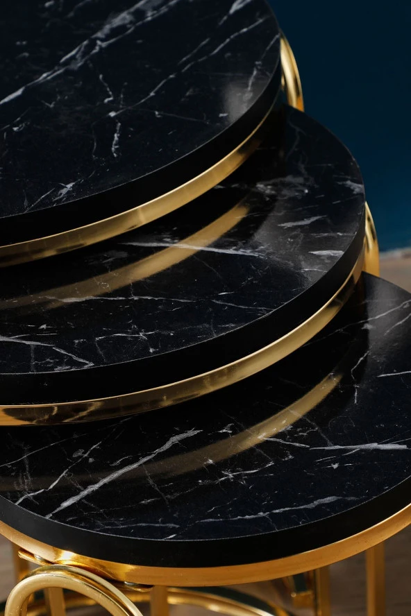 VIANEM Lenka Zigon Sehpa Takımı Yuvarlak 3'lü Gold Metal - Siyah Mermer Desenli - 4
