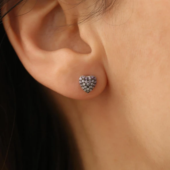 925 Ayar Gümüş Lila & Beyaz Tonlamalı Kalp Çivi Küpe - ES00138 - Resim 2