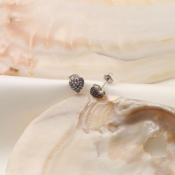 925 Ayar Gümüş Lila & Beyaz Tonlamalı Kalp Çivi Küpe - ES00138 - Resim 3