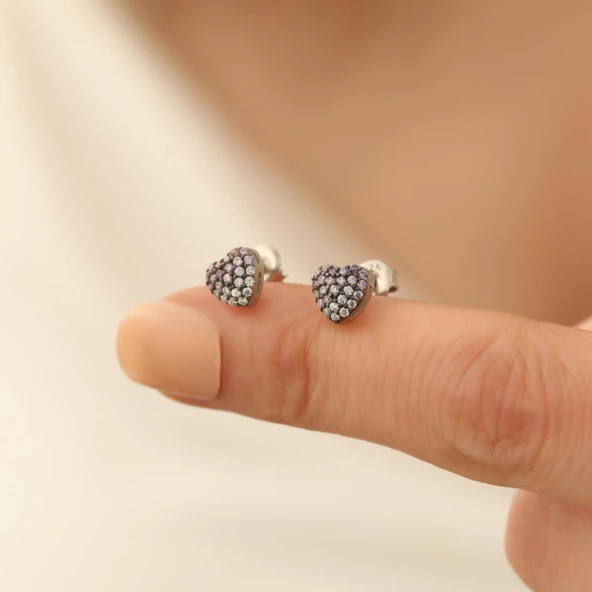 925 Ayar Gümüş Lila & Beyaz Tonlamalı Kalp Çivi Küpe - ES00138 ürün görseli 1