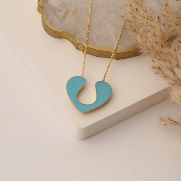 925 Ayar Gümüş Turkuaz Mineli Kalp Kolye - Resim 2