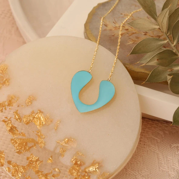 925 Ayar Gümüş Turkuaz Mineli Kalp Kolye - Resim 4