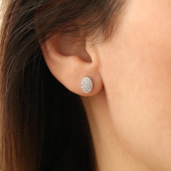 925 Ayar Gümüş Işıltılı Beyaz Taşlı Oval Küpe - ES00133 - Resim 5