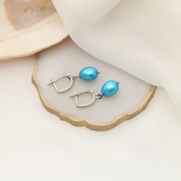 925 Ayar Gümüş Gerçek ve Doğal Fresh Mavi Tatlısu İncisi Küpe Çap:7mm - EP00121 - Resim 2