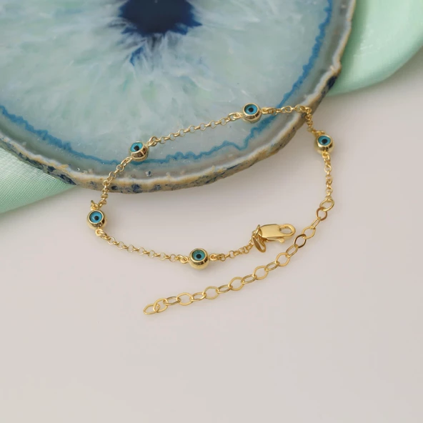 925 Ayar Gümüş Nazar Boncuklu Gold Şans Bileklik - Resim 2