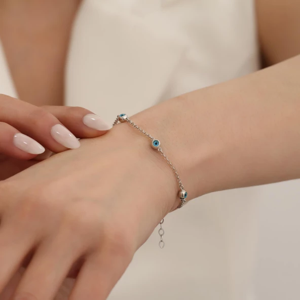 925 Ayar Gümüş Nazar Boncuklu Gold Şans Bileklik - Resim 3