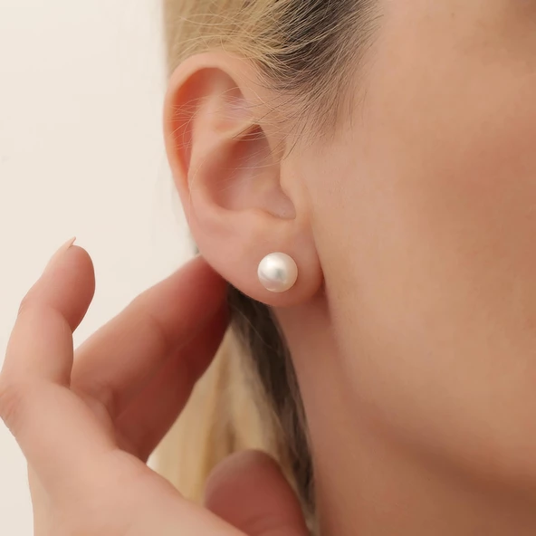 925 Ayar Gümüş Beyaz Tatlısu İncisi Çivi Küpe-9mm - Resim 3