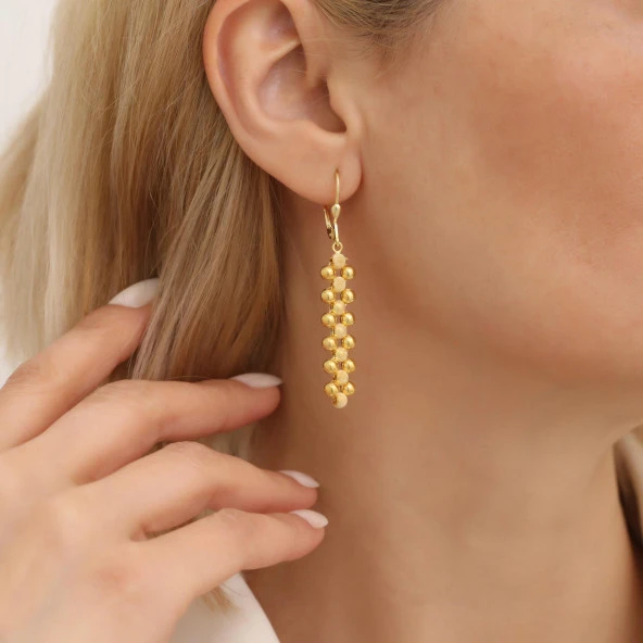 925 Ayar Gümüş Top Detaylı Sallantı Küpe - Resim 5