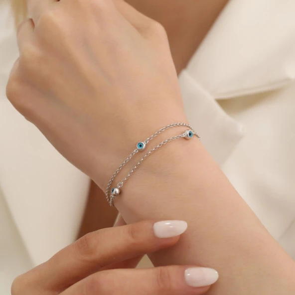 925 Ayar Gümüş Nazar Boncuklu Çift Zincirli Bileklik - Resim 3