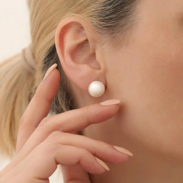 925 Ayar Gümüş Beyaz Tatlısu İncisi Küpe-12mm - Resim 3