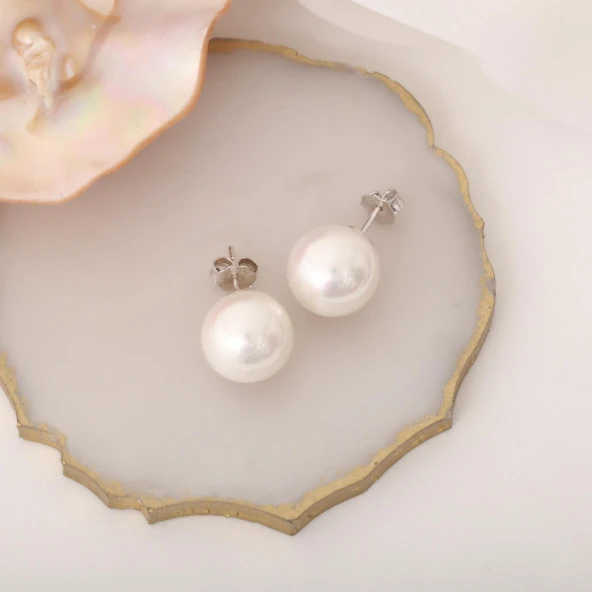 925 Ayar Gümüş Beyaz Tatlısu İncisi Küpe-12mm - Resim 4