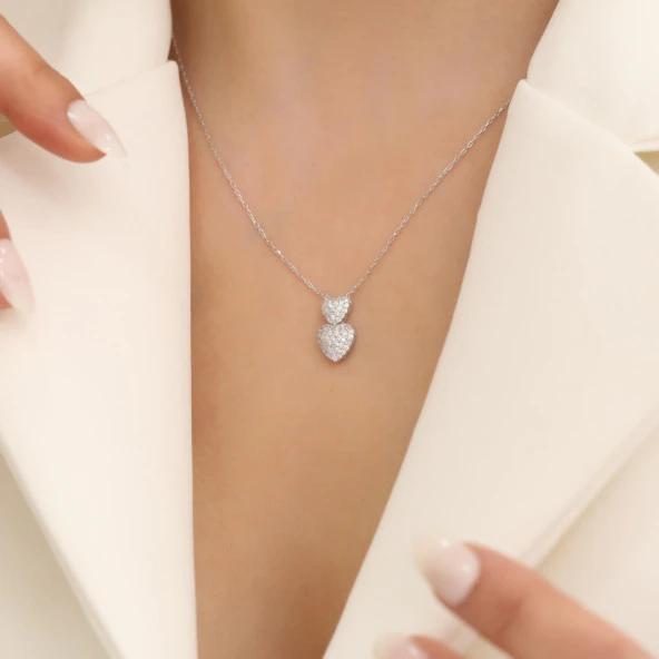 925 Ayar Gümüş Beyaz Taşlı Çift Kalpli Kolye ürün görseli 1