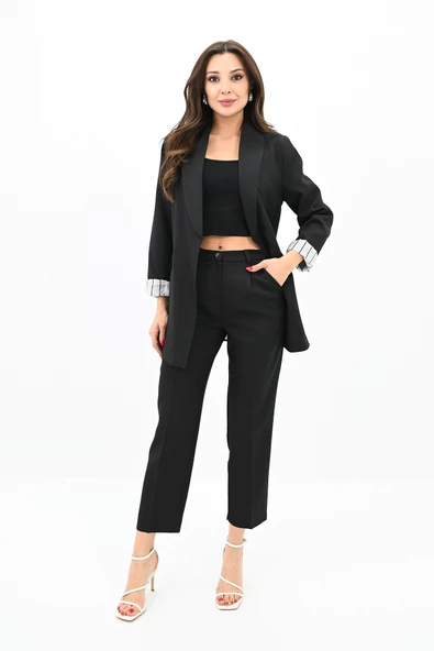 Kadın Çizgili Astar Detaylı Ceket Takım 0115-25-1