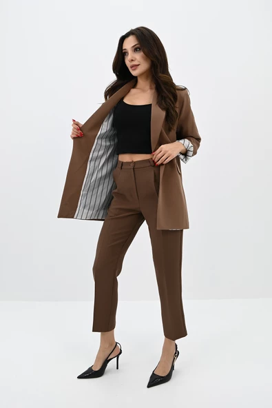 Kadın Çizgili Astar Detaylı Ceket Takım 0115-25-1 - 9
