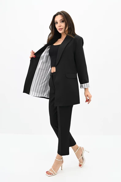 Kadın Çizgili Astar Detaylı Ceket Takım 0115-25-1 - 4