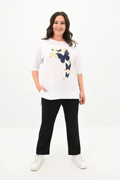 Kadın Büyük Beden Kelebek Baskı Detaylı T-shirt Takım 8114-25 - 2