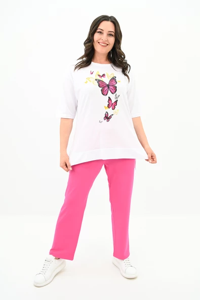 Kadın Büyük Beden Kelebek Baskı Detaylı T-shirt Takım 8114-25 - 12