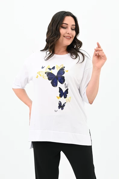 Kadın Büyük Beden Kelebek Baskı Detaylı T-shirt Takım 8114-25 - 3