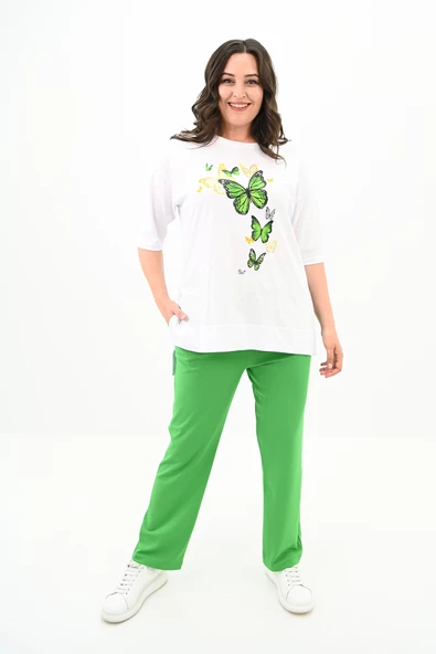 Kadın Büyük Beden Kelebek Baskı Detaylı T-shirt Takım 8114-25 - 7
