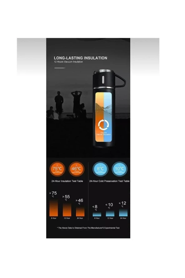 3 bardaklı termos, paslanmaz çelik termos, vakumlu çanta hediyeli termos - 3