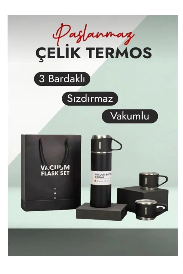 3 bardaklı termos, paslanmaz çelik termos, vakumlu çanta hediyeli termos - 4