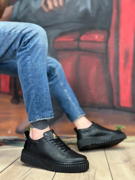 BA8104  Yüksek Siyah Taban Siyah Cilt Bağcıklı Erkek Ayakkabı - Resim 4