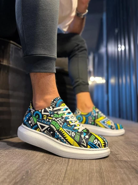 Yüksek Taban Renkli Baskılı Günlük Ayakkabı 046 Sarı (Beyaz Taban)