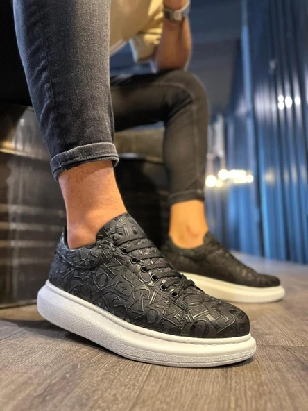 Yüksek Taban Harf Desenli Günlük Ayakkabı 047 Siyah (Beyaz Taban) - Resim 2