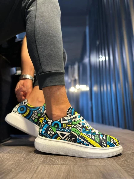 Yüksek Taban Renkli Baskılı Günlük Ayakkabı 046 Sarı (Beyaz Taban) - 3